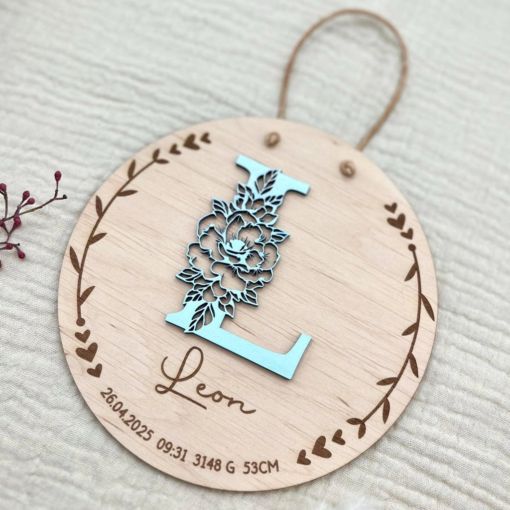 Geburtsschild aus Holz personalisiert | Geschenk zur Geburt mit 3D - Monogramm - LaserArt Germany
