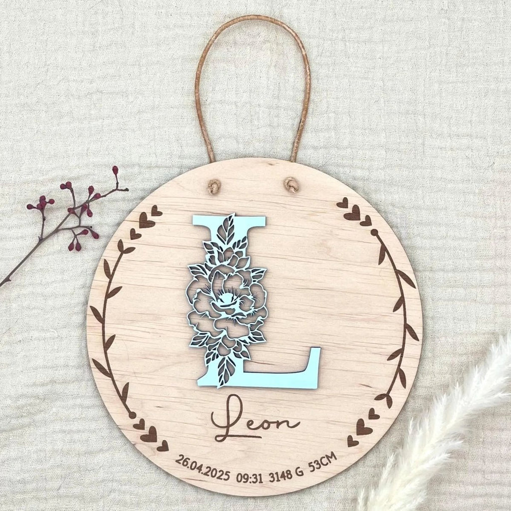 Geburtsschild aus Holz personalisiert | Geschenk zur Geburt mit 3D - Monogramm - LaserArt Germany