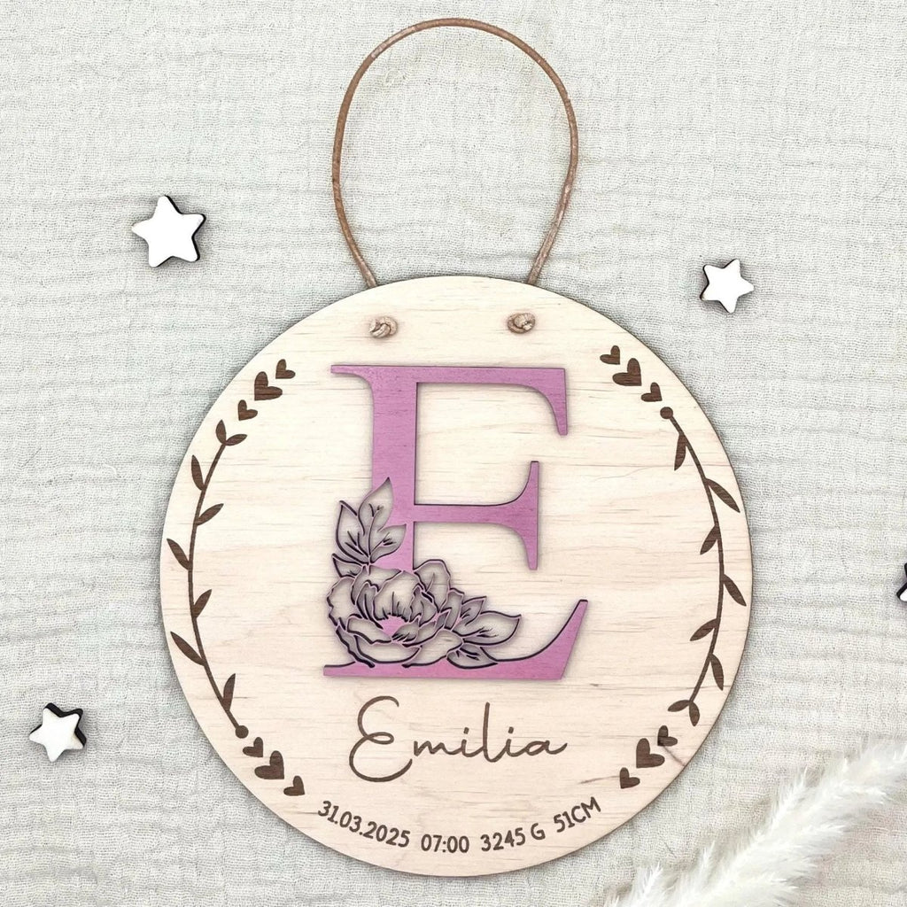 Geburtsschild aus Holz personalisiert | Geschenk zur Geburt mit 3D - Monogramm - LaserArt Germany