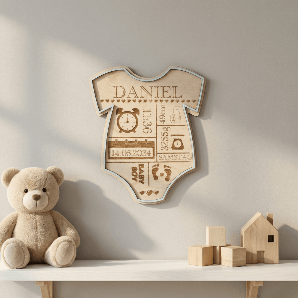 Geburtsschild Strampler | Geburtsgeschenk personalisiert aus Holz - LaserArt Germany