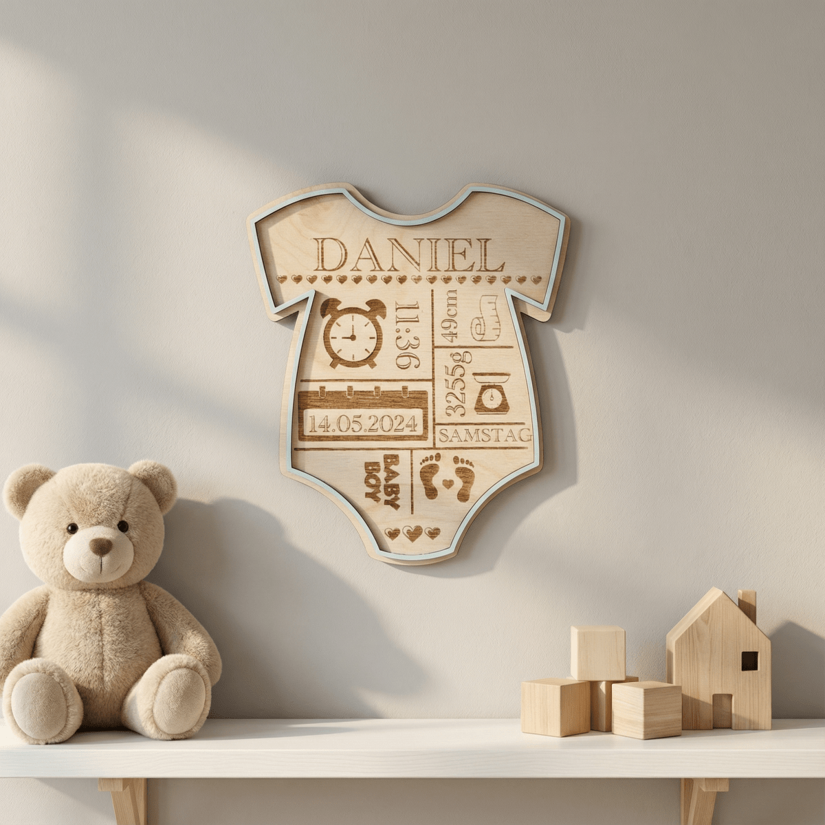 Geburtsschild Strampler | Geburtsgeschenk personalisiert aus Holz - LaserArt Germany