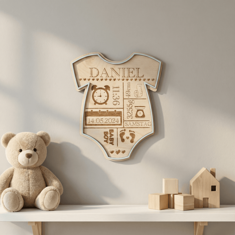 Geburtsschild Strampler | Geburtsgeschenk personalisiert aus Holz - LaserArt Germany