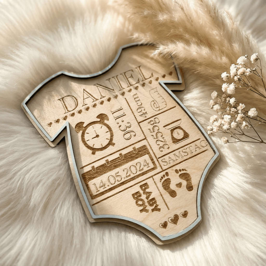 Geburtsschild Strampler | Geburtsgeschenk personalisiert aus Holz - LaserArt Germany