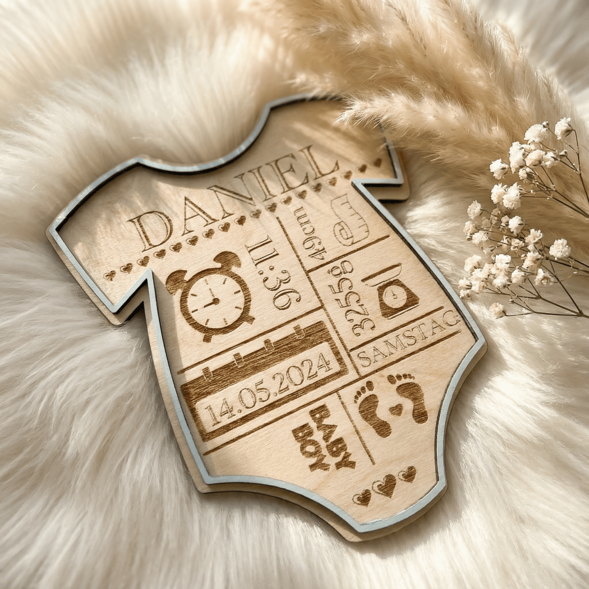 Geburtsschild Strampler | Geburtsgeschenk personalisiert aus Holz - LaserArt Germany