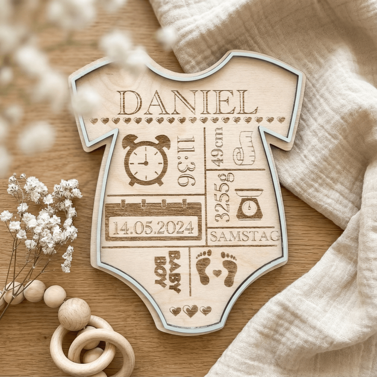 Geburtsschild Strampler | Geburtsgeschenk personalisiert aus Holz - LaserArt Germany