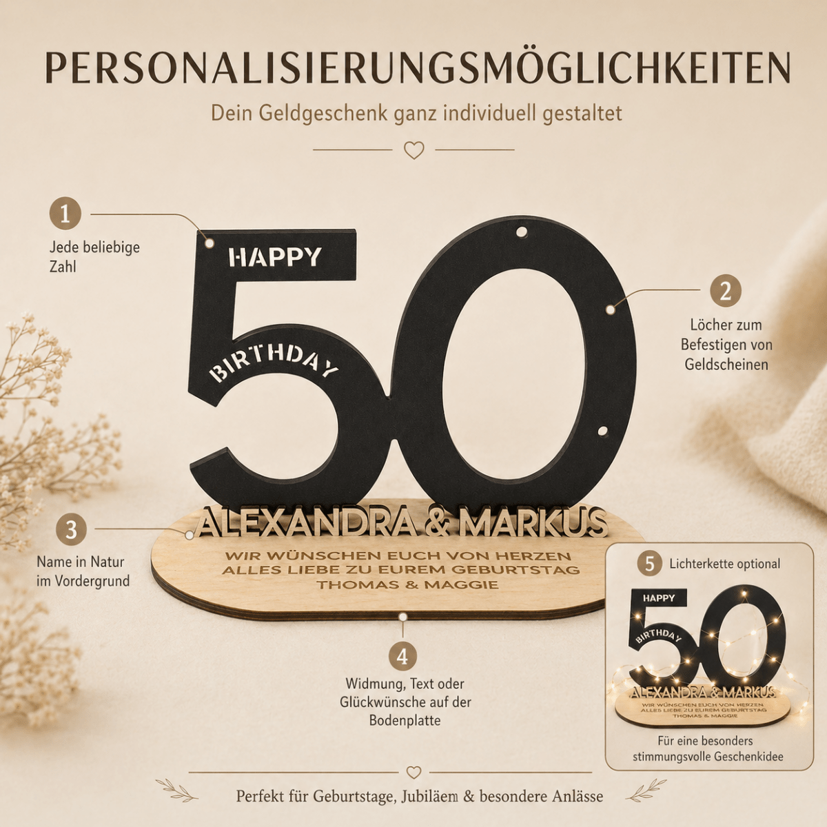 Geldgeschenk Aufsteller aus Holz | personalisiert mit Gravur - LaserArt Germany