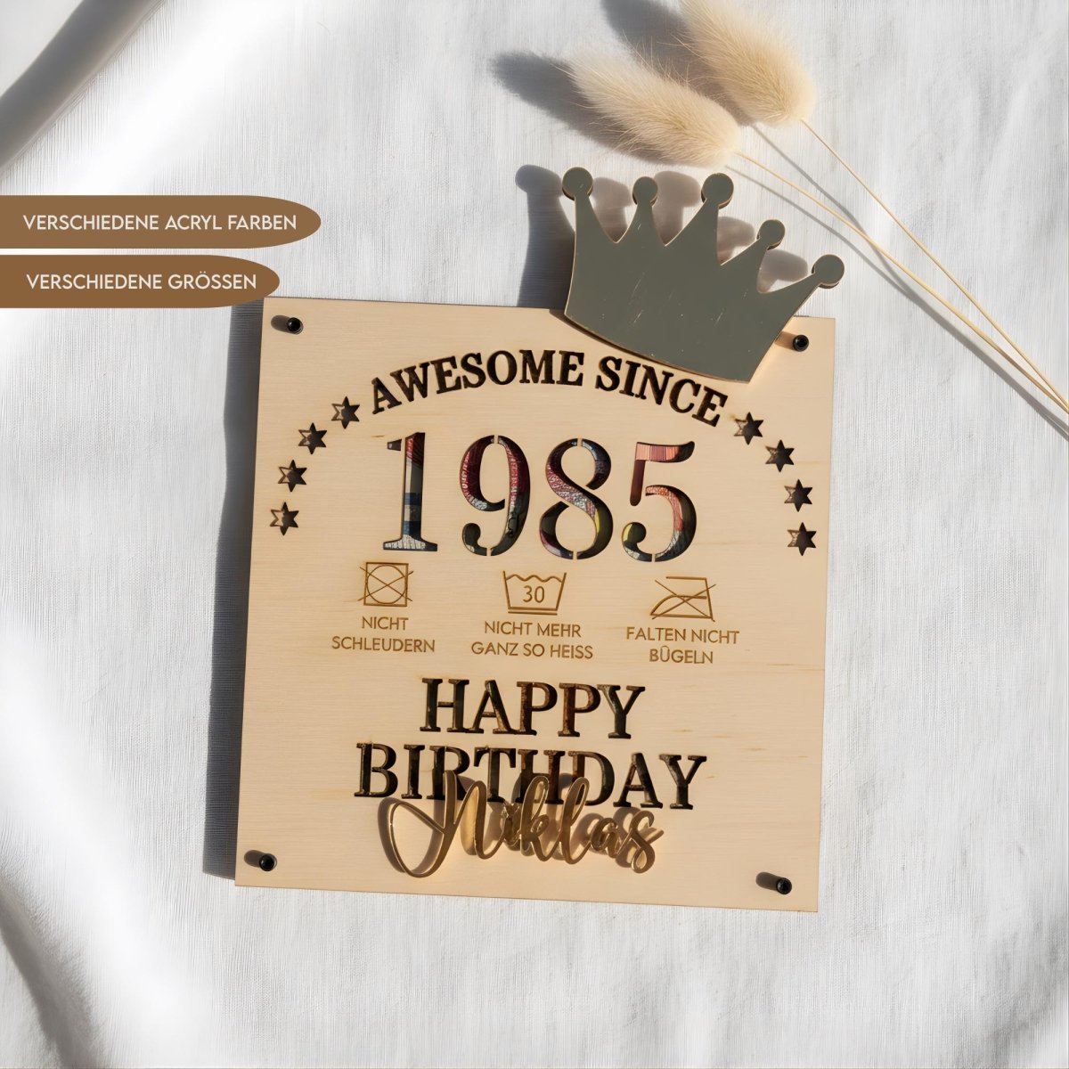 Geldgeschenk aus Holz zum runden Geburtstag personalisiert – Hauptansicht