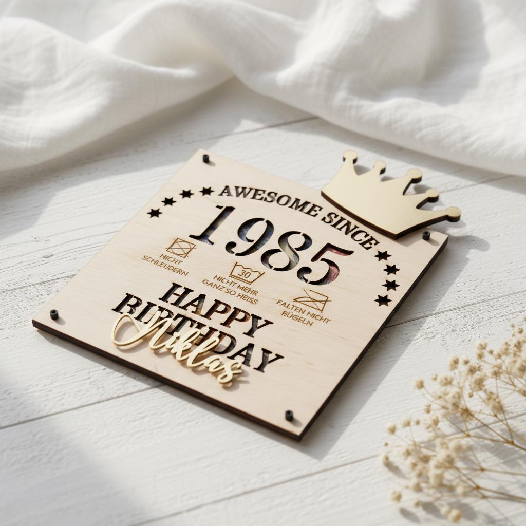 Geldgeschenk aus Holz zum runden Geburtstag personalisiert – Rückseite