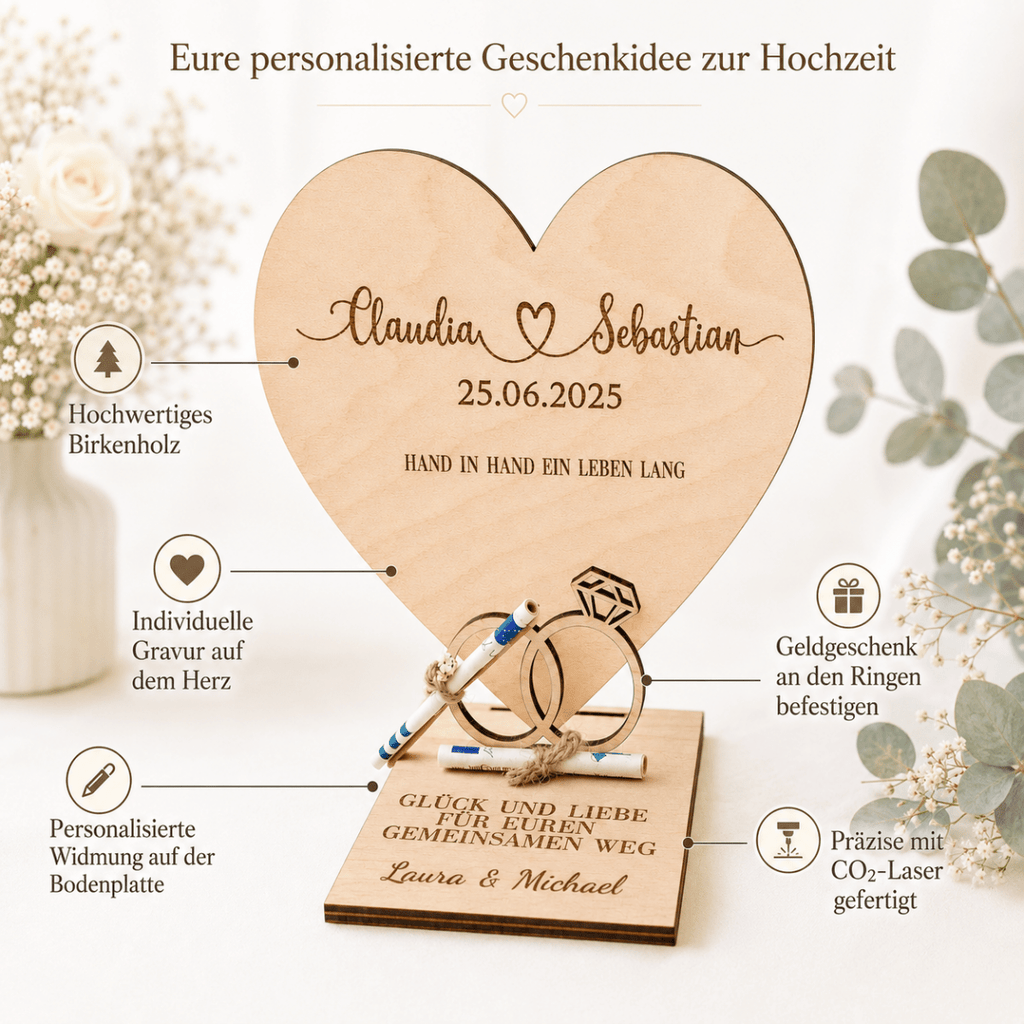 Produktmerkmale: Birkenholz, individuelle Gravur und Geldscheine an den Ringen