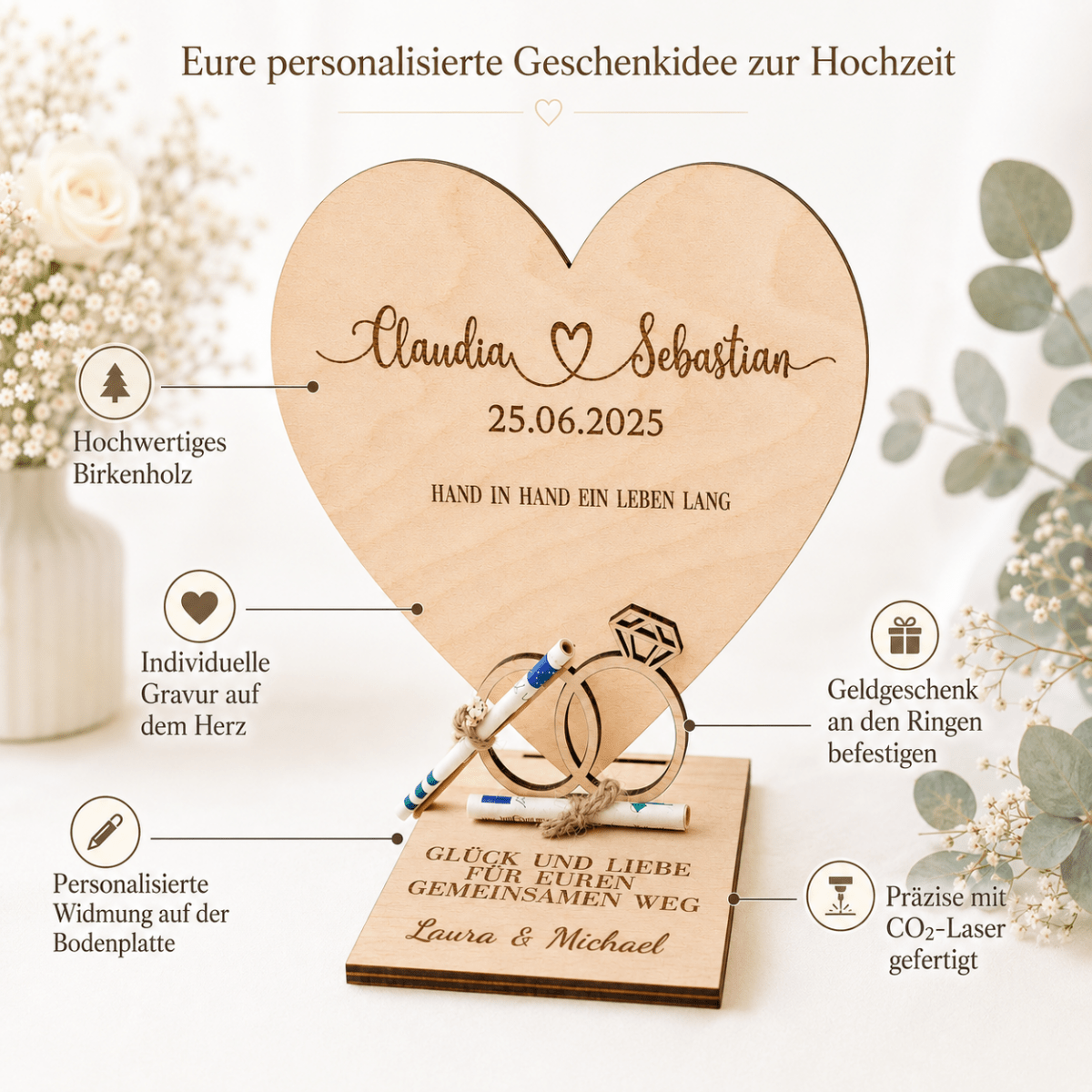 Produktmerkmale: Birkenholz, individuelle Gravur und Geldscheine an den Ringen