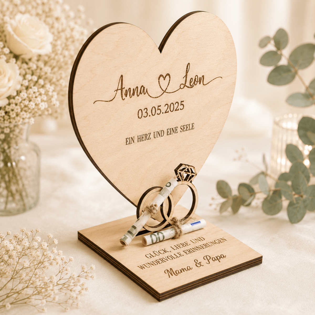 Geldgeschenk Hochzeit mit Widmung der Eltern auf der Bodenplatte