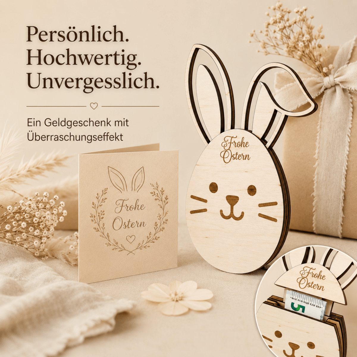 Geldgeschenk Ostern Osterhase aus Holz personalisiert – Hauptansicht