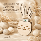 Geldgeschenk Ostern Osterhase aus Holz personalisiert – Geöffnete Ansicht mit Geldscheinhalterung