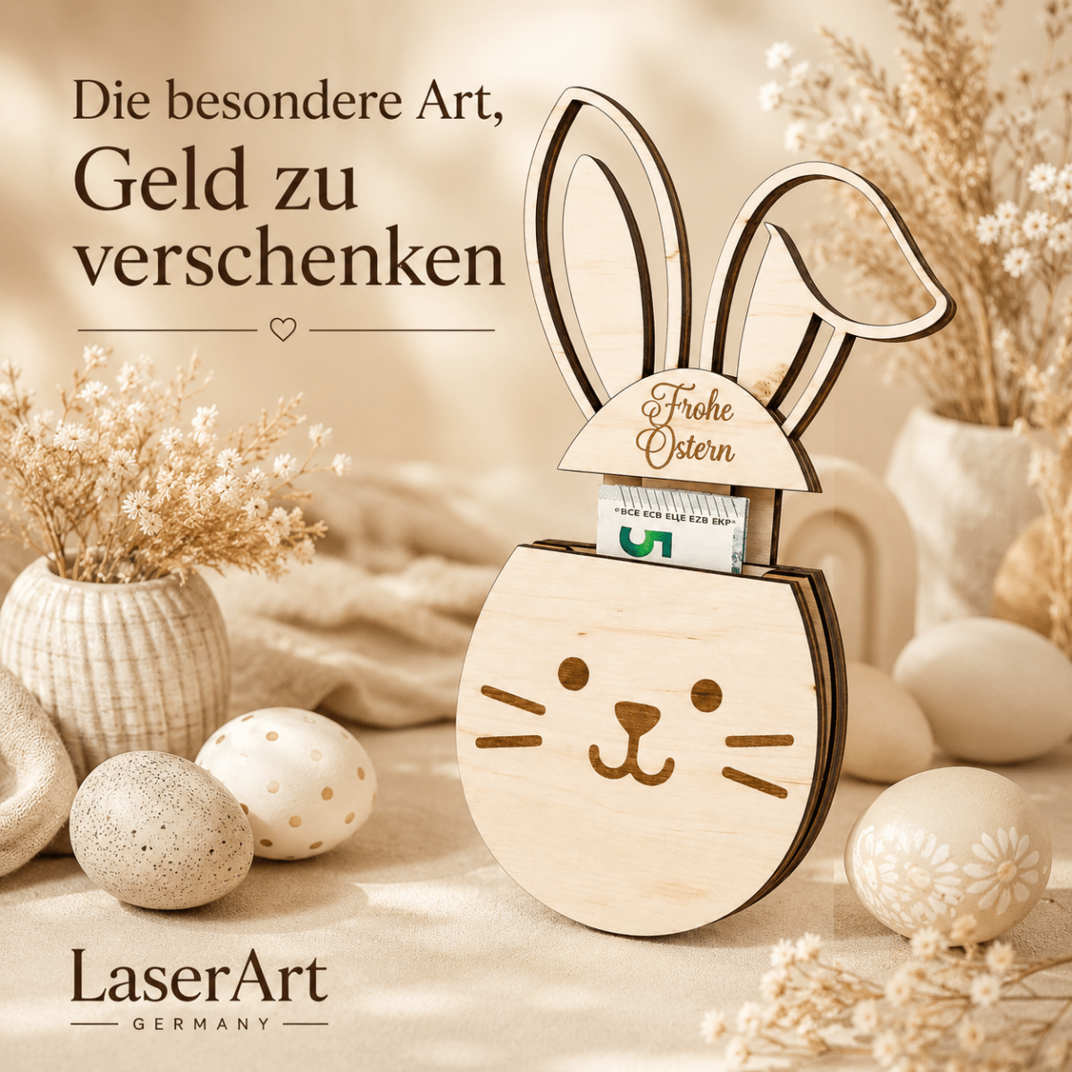 Geldgeschenk Ostern Osterhase aus Holz personalisiert – Geöffnete Ansicht mit Geldscheinhalterung