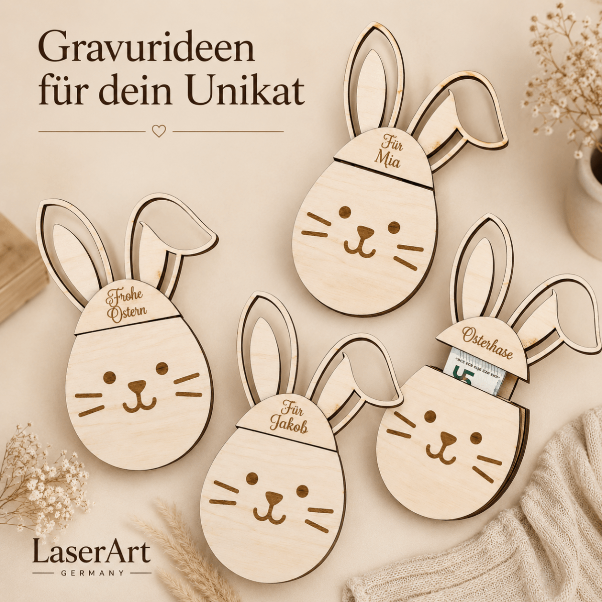 Geldgeschenk Ostern Osterhase aus Holz personalisiert – Detailaufnahme der Namensgravur
