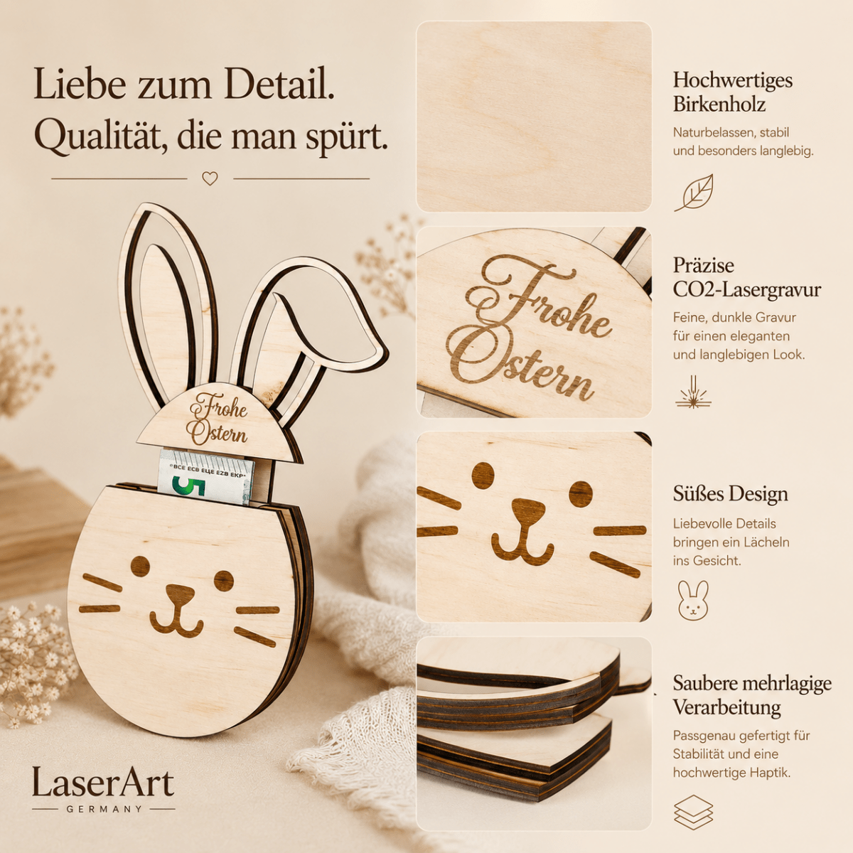 Geldgeschenk Ostern Osterhase aus Holz personalisiert – Rückseite des Osterhasen