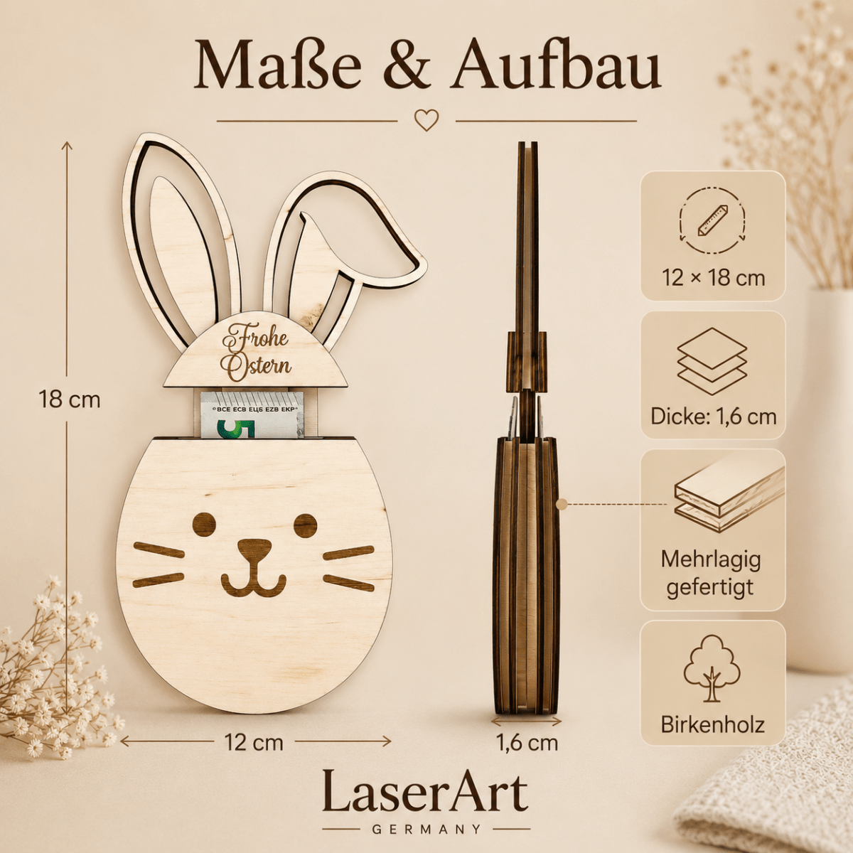 Geldgeschenk Ostern Osterhase aus Holz personalisiert – Nahaufnahme der Holzmaserung