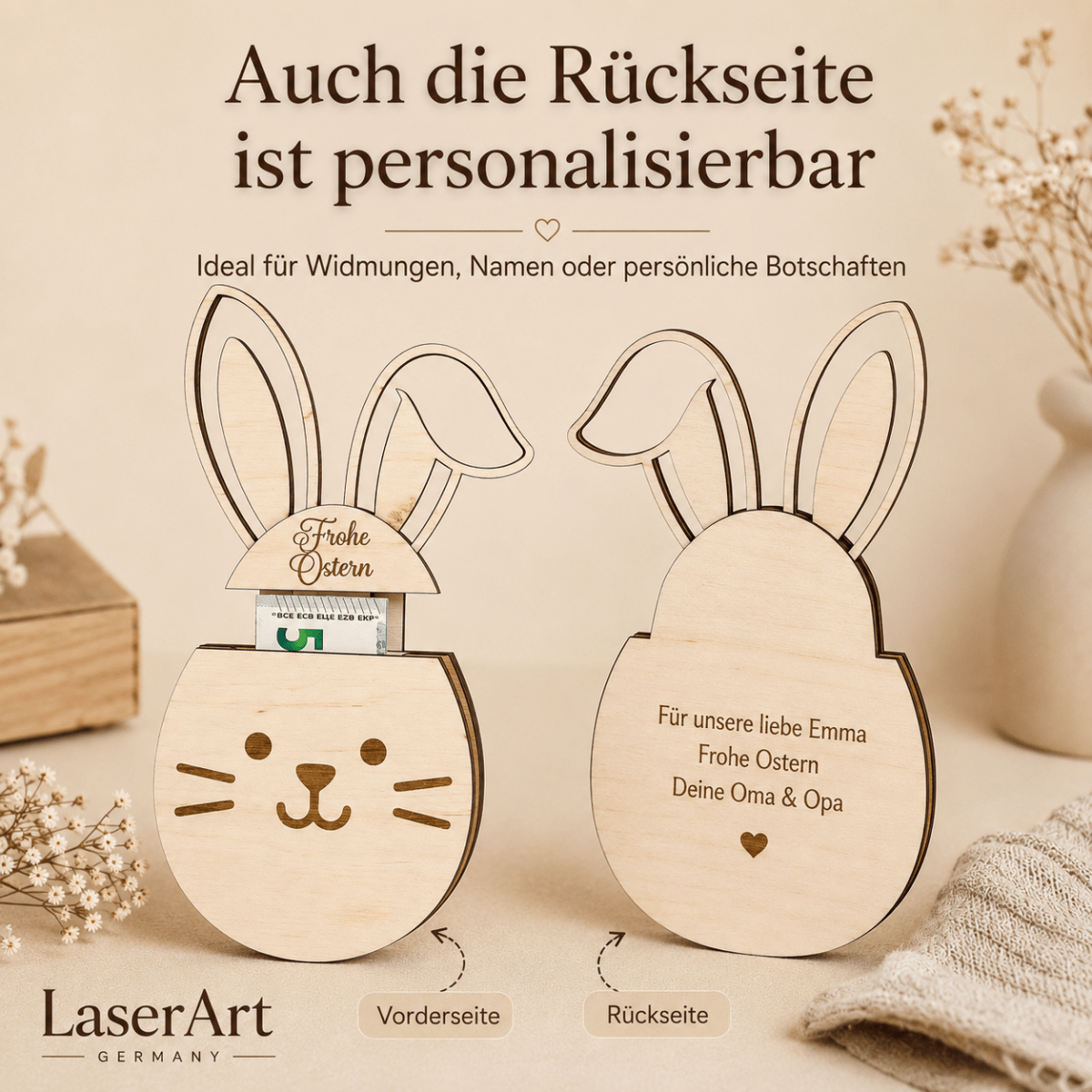 Geldgeschenk Ostern Osterhase aus Holz personalisiert – In der Geschenkverpackung