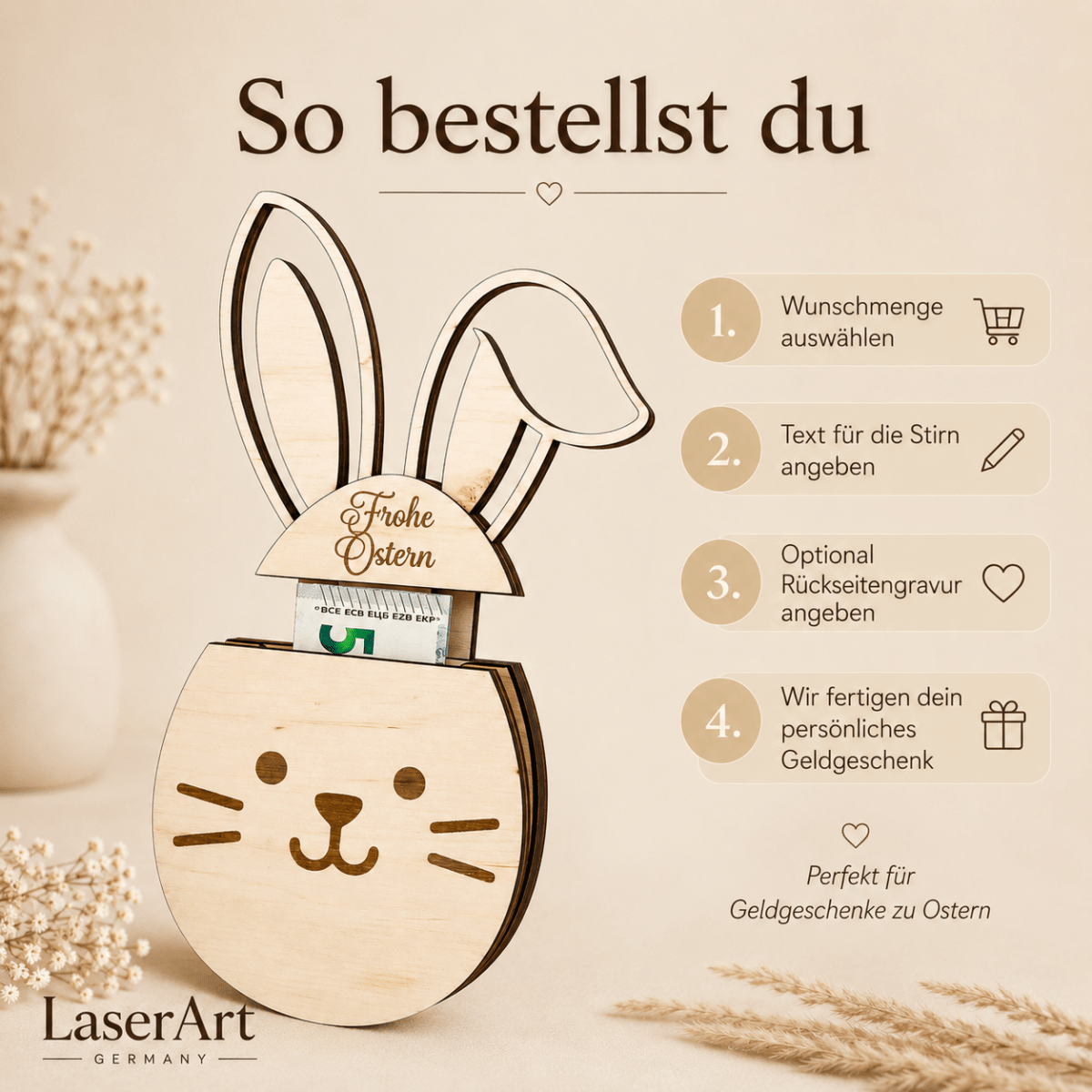 Geldgeschenk Ostern Osterhase aus Holz personalisiert – Größenvergleich in der Hand
