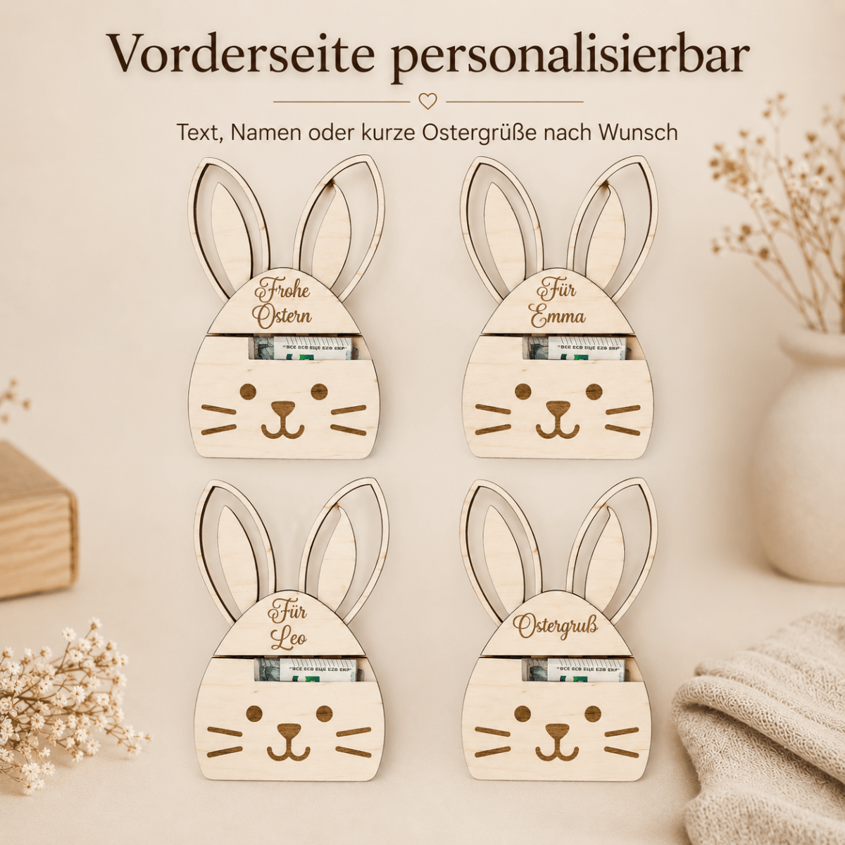 Geldgeschenk Ostern Osterhase aus Holz personalisiert – Osterdeko-Anwendungsbeispiel