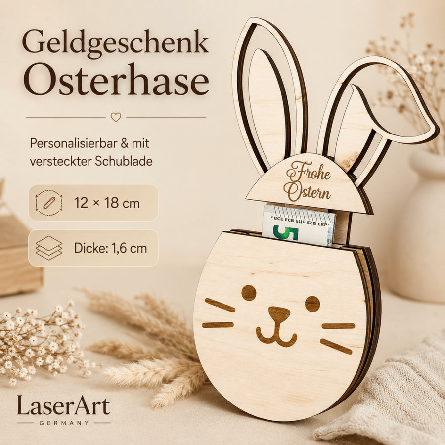 Geldgeschenk Ostern Osterhase aus Holz | personalisiert - LaserArt Germany