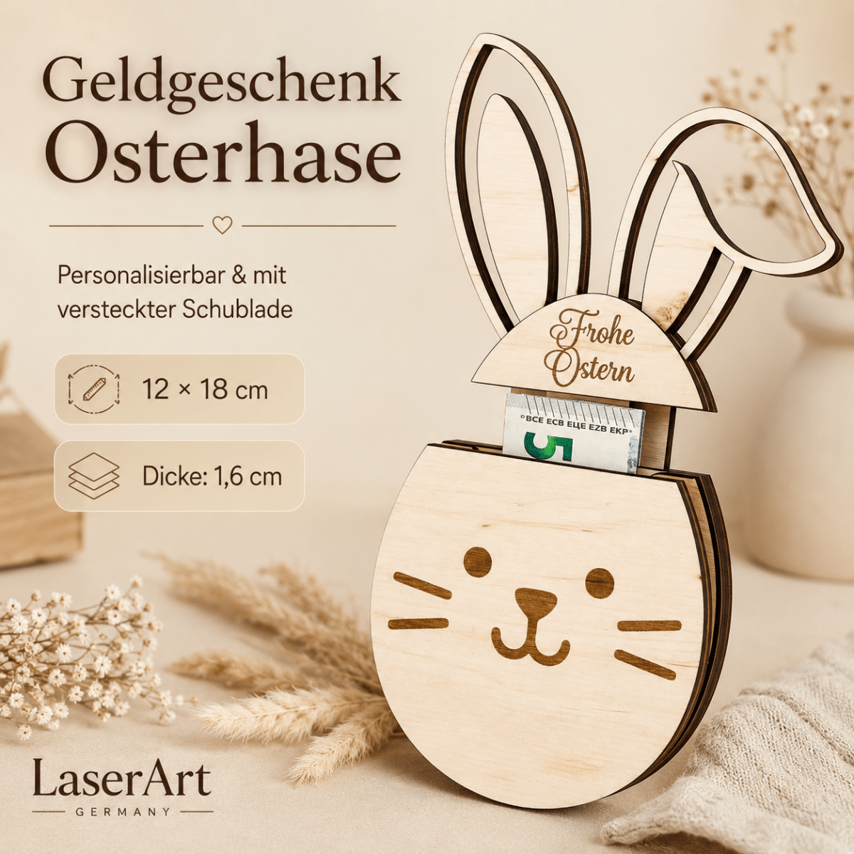 Geldgeschenk Ostern Osterhase aus Holz personalisiert – Frontalansicht des Osterhasen