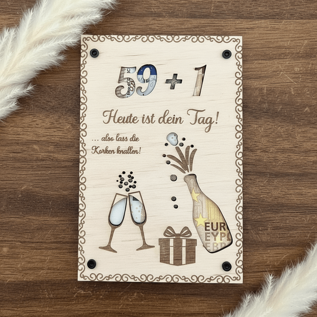 Geldgeschenk Bilderrahmen aus Holz zum runden Geburtstag – Detailaufnahme der Gravur