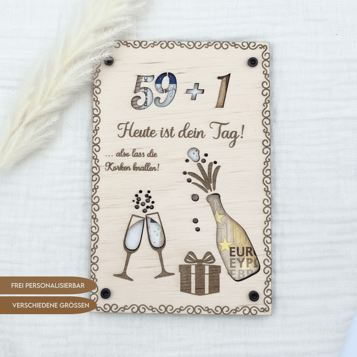 Geldgeschenk personalisierter Wunscherfüller Holz - Runder Gebrutstag - LaserArt Germany