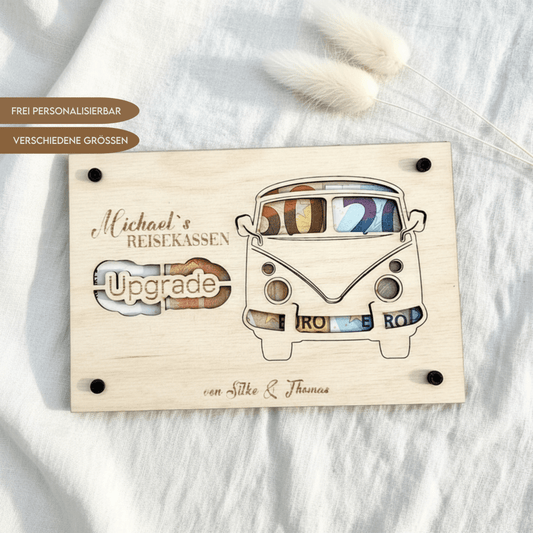 Geldgeschenk personalisierter Wunscherfüller Holz - VW Bulli - LaserArt Germany