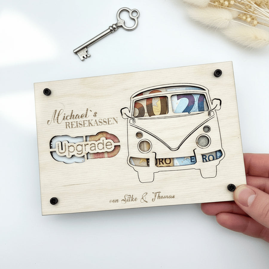 Geldgeschenk personalisierter Wunscherfüller Holz - VW Bulli - LaserArt Germany