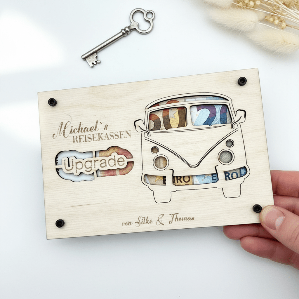Geldgeschenk VW Bulli aus Holz personalisiert – Frontalansicht des Bulli-Motivs