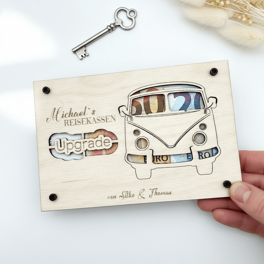 Geldgeschenk personalisierter Wunscherfüller Holz - VW Bulli - LaserArt Germany