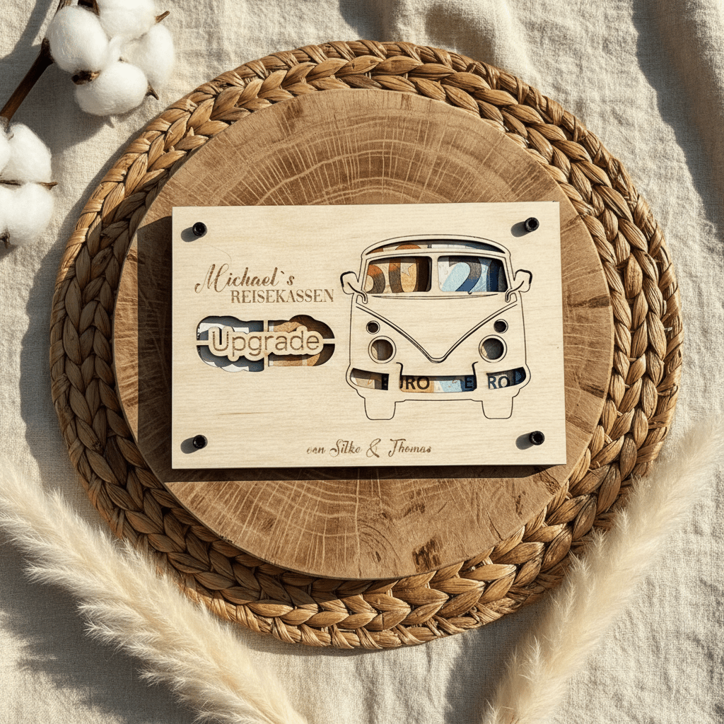 Geldgeschenk personalisierter Wunscherfüller Holz - VW Bulli - LaserArt Germany