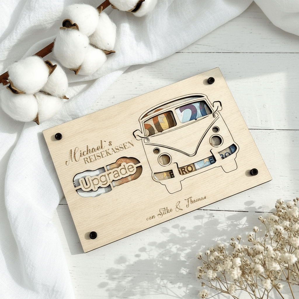 Geldgeschenk VW Bulli aus Holz personalisiert – In der Geschenkverpackung