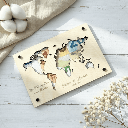 Geldgeschenk personalisierter Wunscherfüller Holz - Weltkarte - LaserArt Germany