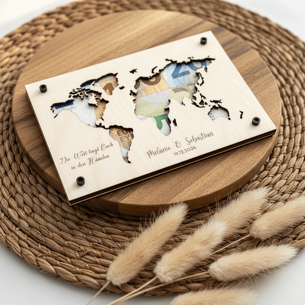 Geldgeschenk personalisierter Wunscherfüller Holz - Weltkarte - LaserArt Germany