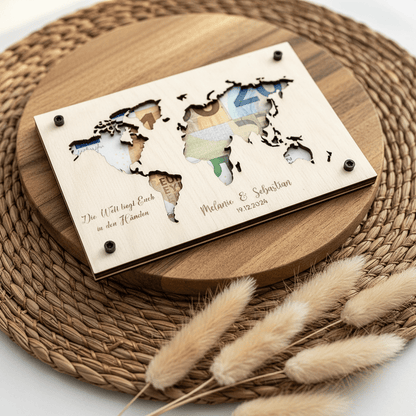 Geldgeschenk personalisierter Wunscherfüller Holz - Weltkarte - LaserArt Germany