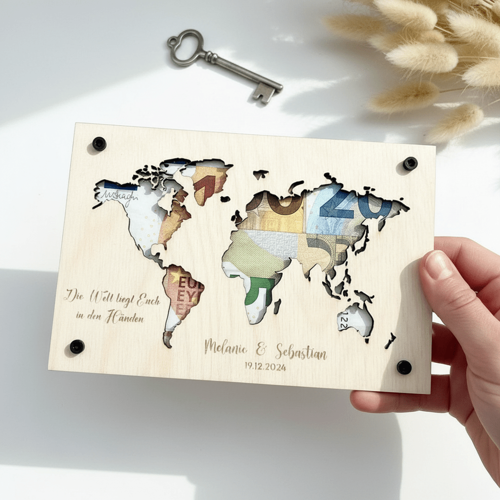 Geldgeschenk personalisierter Wunscherfüller Holz - Weltkarte - LaserArt Germany