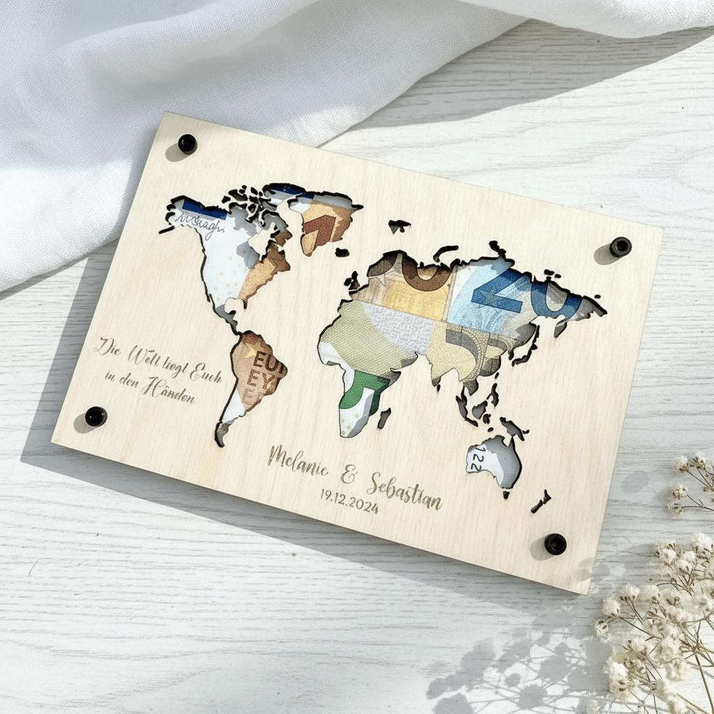 Geldgeschenk Wunscherfüller Weltkarte aus Holz – In der Geschenkverpackung