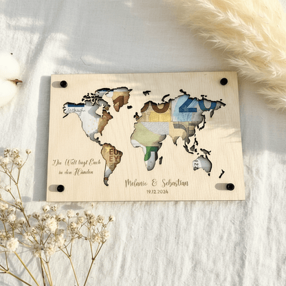 Geldgeschenk personalisierter Wunscherfüller Holz - Weltkarte - LaserArt Germany