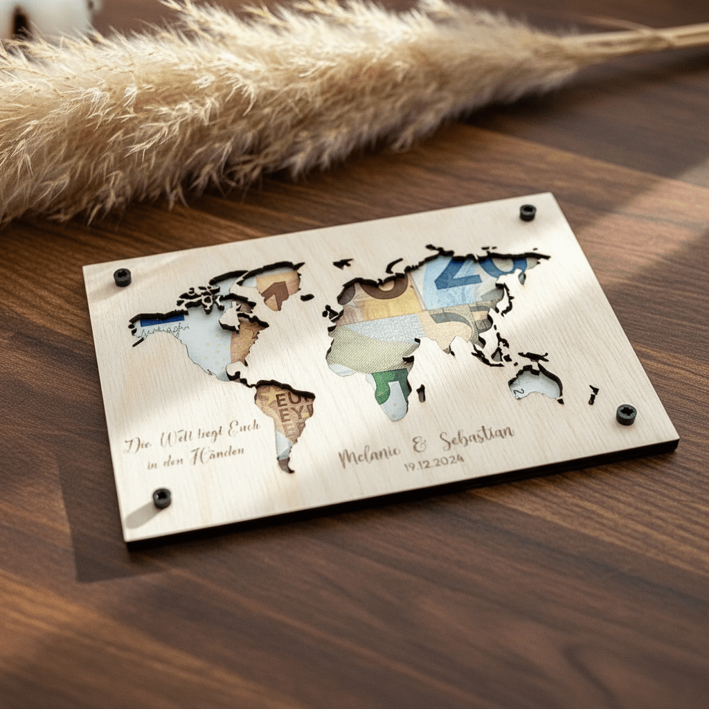 Geldgeschenk personalisierter Wunscherfüller Holz - Weltkarte - LaserArt Germany