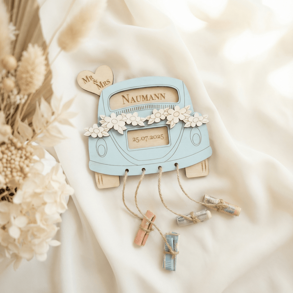 Geldgeschenk zur Hochzeit aus Holz – personalisiertes Hochzeitsauto - LaserArt Germany