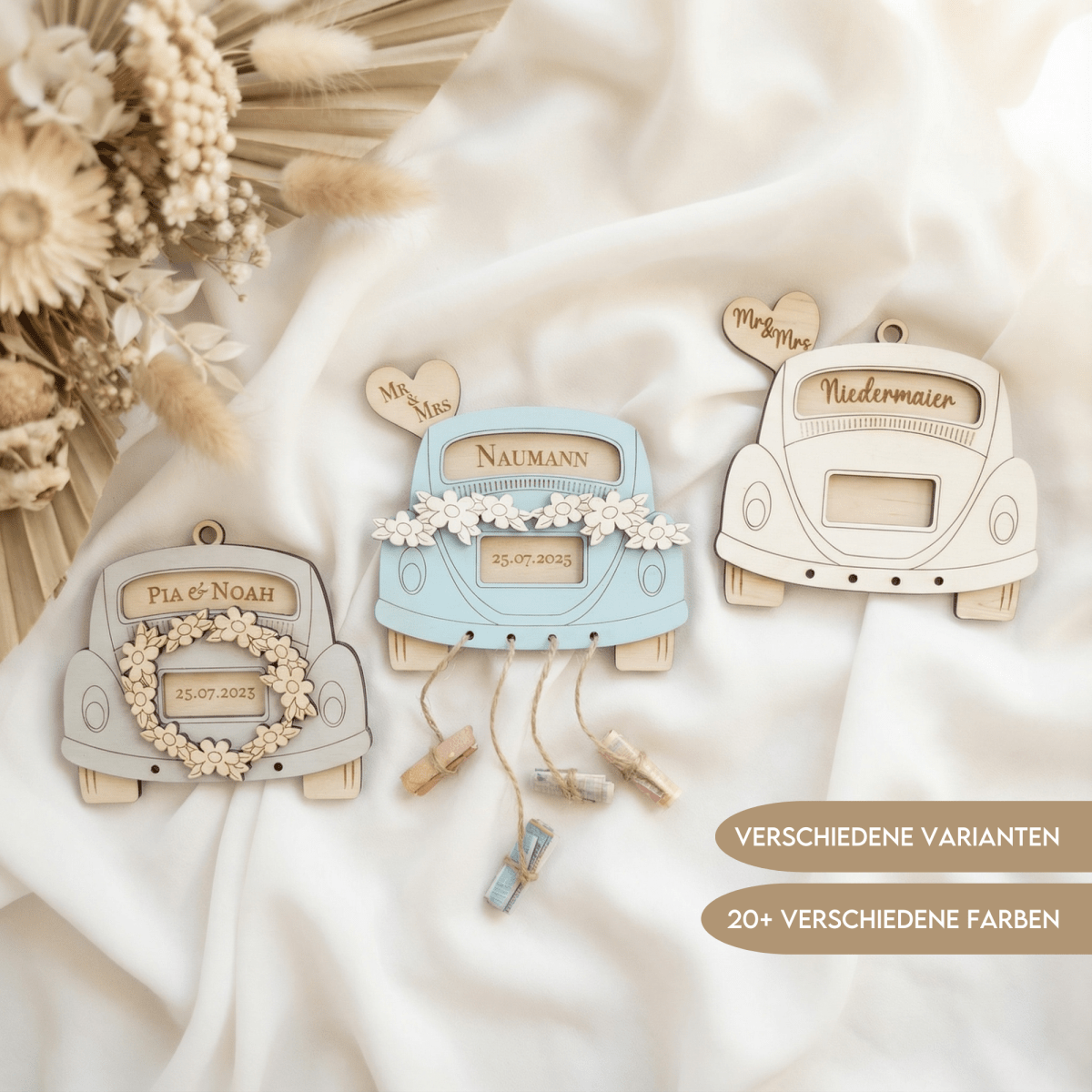 Geldgeschenk zur Hochzeit aus Holz – drei Hochzeitsauto-Varianten in Natur, Hellblau und Weiß