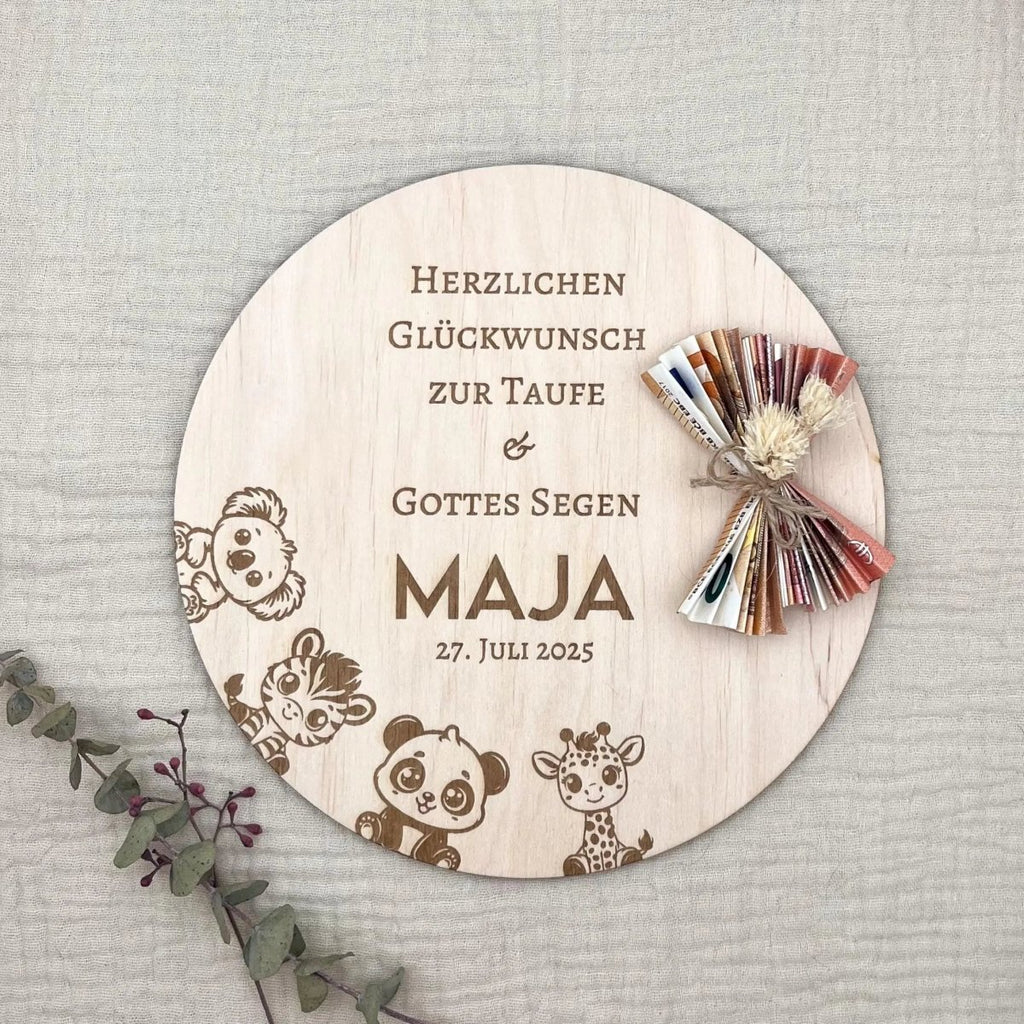 Geldgeschenk zur Taufe aus Holz personalisiert – mit Name, Datum & Spruch - LaserArt Germany