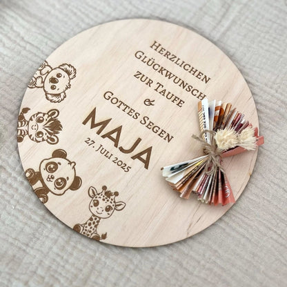Geldgeschenk zur Taufe aus Holz personalisiert – mit Name, Datum & Spruch - LaserArt Germany