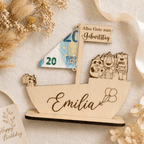 Geldgeschenk zur Taufe Schiff aus Holz | personalisiert - LaserArt Germany