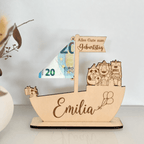 Geldgeschenk zur Taufe Schiff aus Holz | personalisiert - LaserArt Germany