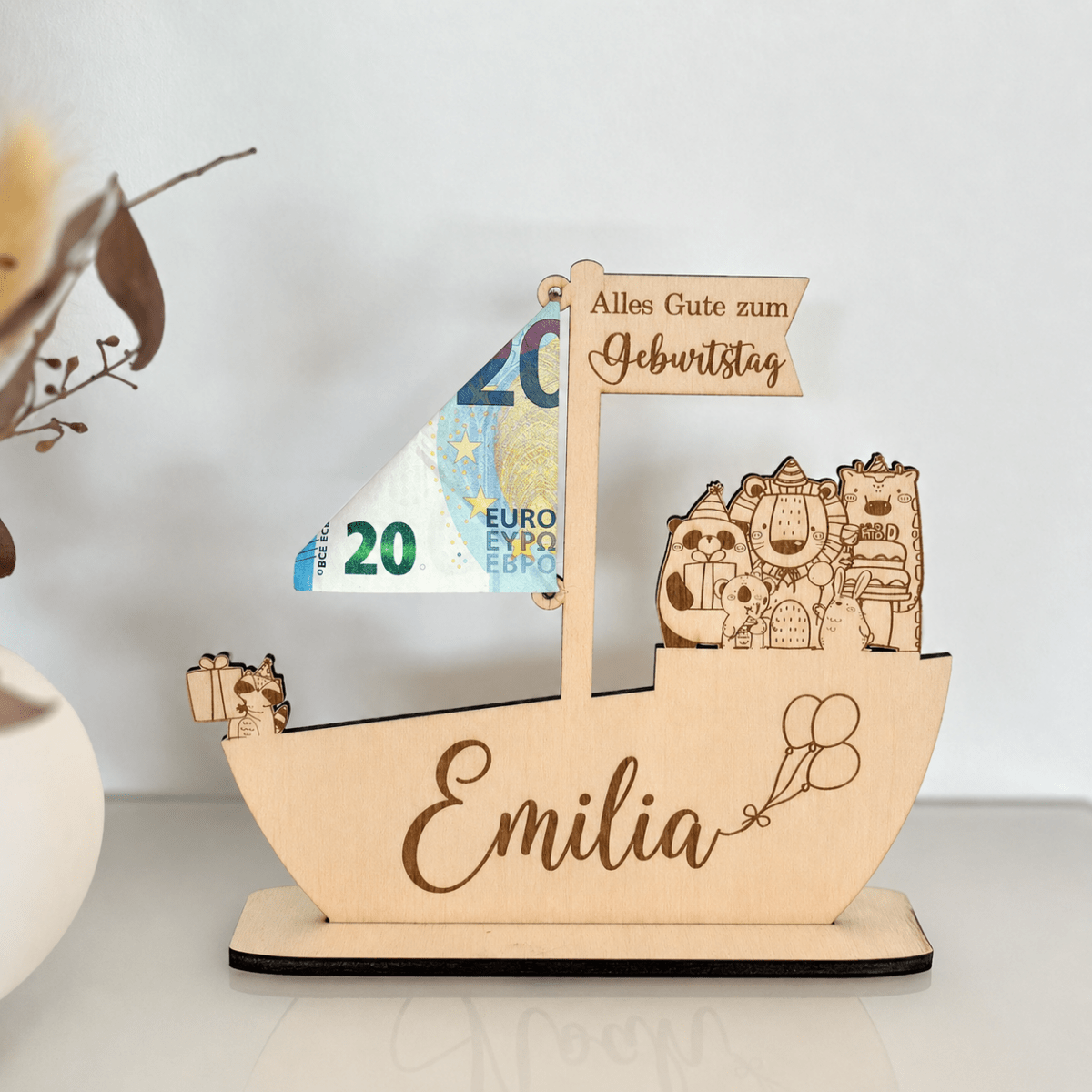 Geldgeschenk zur Taufe Schiff aus Holz | personalisiert - LaserArt Germany