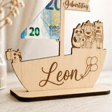 Geldgeschenk zur Taufe Schiff aus Holz | personalisiert - LaserArt Germany