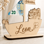 Geldgeschenk zur Taufe Schiff aus Holz | personalisiert - LaserArt Germany